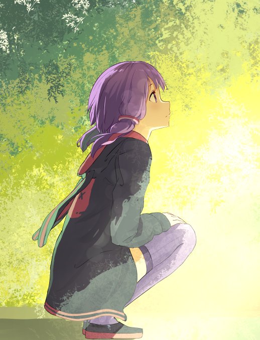 1girl bangs closed_mouth eyebrows_visible_through_hair from_side hood hoodie looking_up low_twintails open_clothes open_hoodie oweee profile purple_hair purple_legwear ribbed_legwear solo squatting thigh-highs twintails violet_eyes vocaloid voiceroid yuzuki_yukari