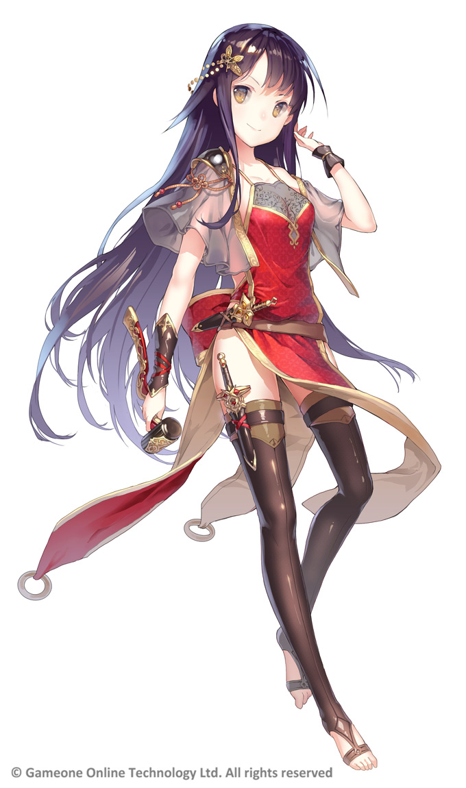 &gt;:) 1girl arm_at_side arm_guards armor bangs bare_shoulders barefoot belt black_hair black_legwear bow breasts cleavage closed_mouth collarbone dagger dress full_body hair_ornament hairpin hammer hand_up holding holding_weapon long_hair official_art original pauldrons pelvic_curtain purple_hair red_bow red_dress ritsuki see-through sheath sheathed shiny shiny_hair sleeveless sleeveless_dress smile solo tareme thigh-highs thigh_strap toeless_legwear very_long_hair weapon wrist_cuffs