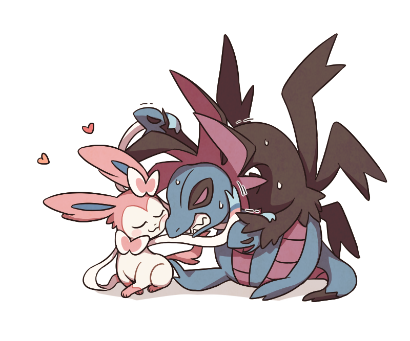 :3 all_fours blank_eyes blush_stickers bow cheek-to-cheek chibi clenched_teeth closed_eyes dragon fang full_body heart hydreigon multiple_heads no_humans pokemon pokemon_(creature) ribbon simple_background sitting smile ssalbulre sweat sylveon tail teeth trembling violet_eyes white_background wings