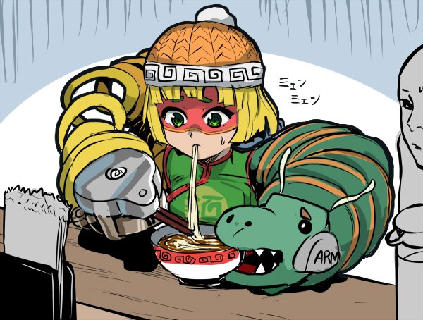 1girl arms_(game) bangs beanie blonde_hair blunt_bangs bob_cut bowl character_name chinese chinese_clothes chopsticks closed_mouth clothes_writing domino_mask dragon dragon_(arms) eastern_dragon eating eyelashes food food_in_mouth frown green_eyes green_shirt hat knit_hat mask min_min_(arms) noodles orange_hat ramen sharp_teeth shirt short_hair short_sleeves solo_focus soup sweat teeth turtleneck unichiri upper_body