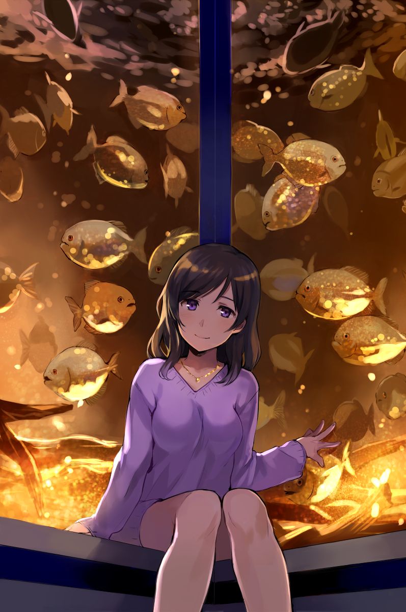 1girl aquarium arm_at_side blush breasts brown_hair closed_mouth dress highres jewelry knees_together_feet_apart light_smile long_hair long_sleeves looking_at_viewer medium_breasts necklace original piranha sitting smile solo sweater sweater_dress tan_(tangent) v-neck violet_eyes wavy_hair