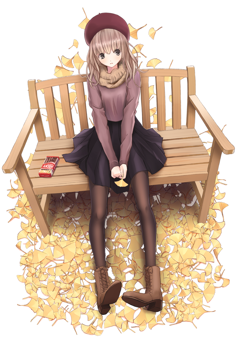 1girl bench beret black_legwear black_skirt boots brown_boots brown_eyes brown_hair brown_scarf chikuwa_(odennabe) closed_mouth food ginkgo hat holding holding_leaf leaf long_hair long_legs long_sleeves looking_to_the_side original pantyhose pocky sitting skirt solo sweater transparent_background