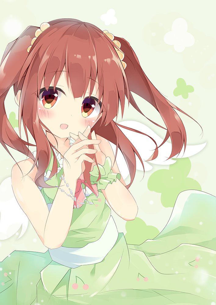 1girl :d bangs bare_arms bare_shoulders blunt_bangs blush bracelet cherry commentary_request dress eyebrows_visible_through_hair food fruit green_background green_dress hair_bobbles hair_ornament head_tilt idolmaster idolmaster_cinderella_girls jewelry kushida_you long_hair looking_at_viewer ogata_chieri open_mouth own_hands_together petals red_eyes redhead sash sleeveless sleeveless_dress smile solo tareme twintails upper_body wrist_cuffs