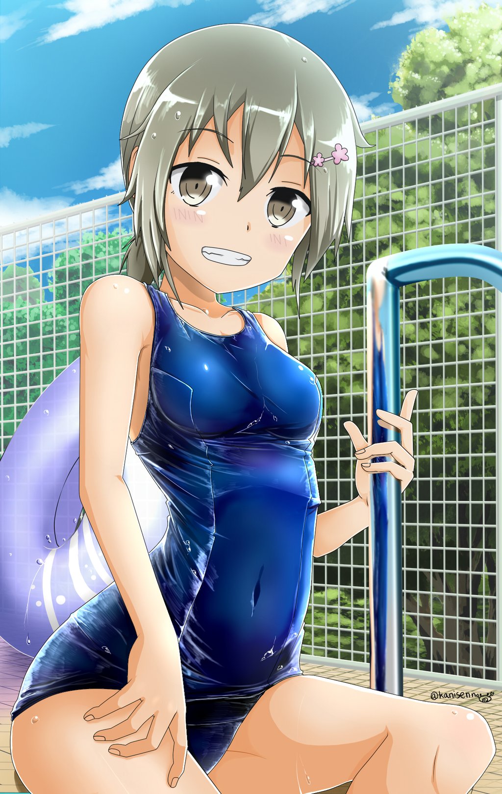 1girl blue_sky blue_swimsuit blush breasts brown_eyes brown_hair chain-link_fence collarbone commentary_request covered_navel eyebrows_visible_through_hair fence hair_between_eyes hair_ornament hairclip highres innertube kani_sen long_hair looking_at_viewer low_ponytail medium_breasts minowa_gin one-piece_swimsuit outdoors pool_ladder poolside school_swimsuit shiny shiny_clothes shiny_hair shiny_skin sitting sky smile solo swimsuit teeth tree twitter_username washio_sumi_wa_yuusha_de_aru wet yuusha_de_aru
