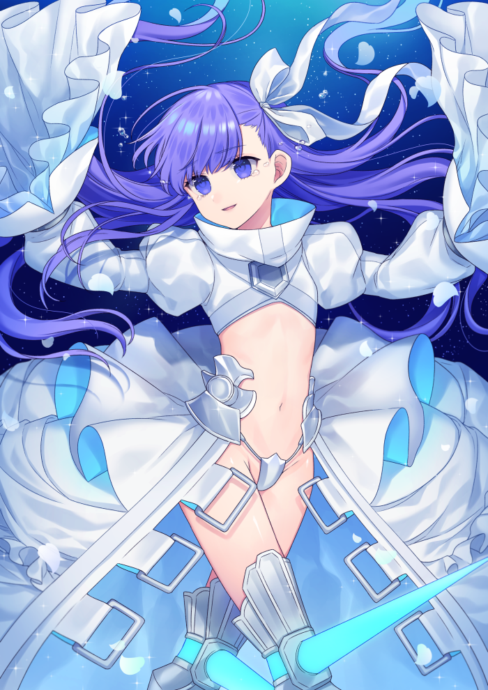 1girl armor armored_boots asymmetrical_bangs bangs boots crotch_plate eyebrows_visible_through_hair fate/extra fate/extra_ccc fate/grand_order fate_(series) hair_ribbon karokuchitose long_hair looking_at_viewer meltlilith navel parted_lips purple_hair ribbon smile solo tears thigh-highs violet_eyes white_coat white_ribbon