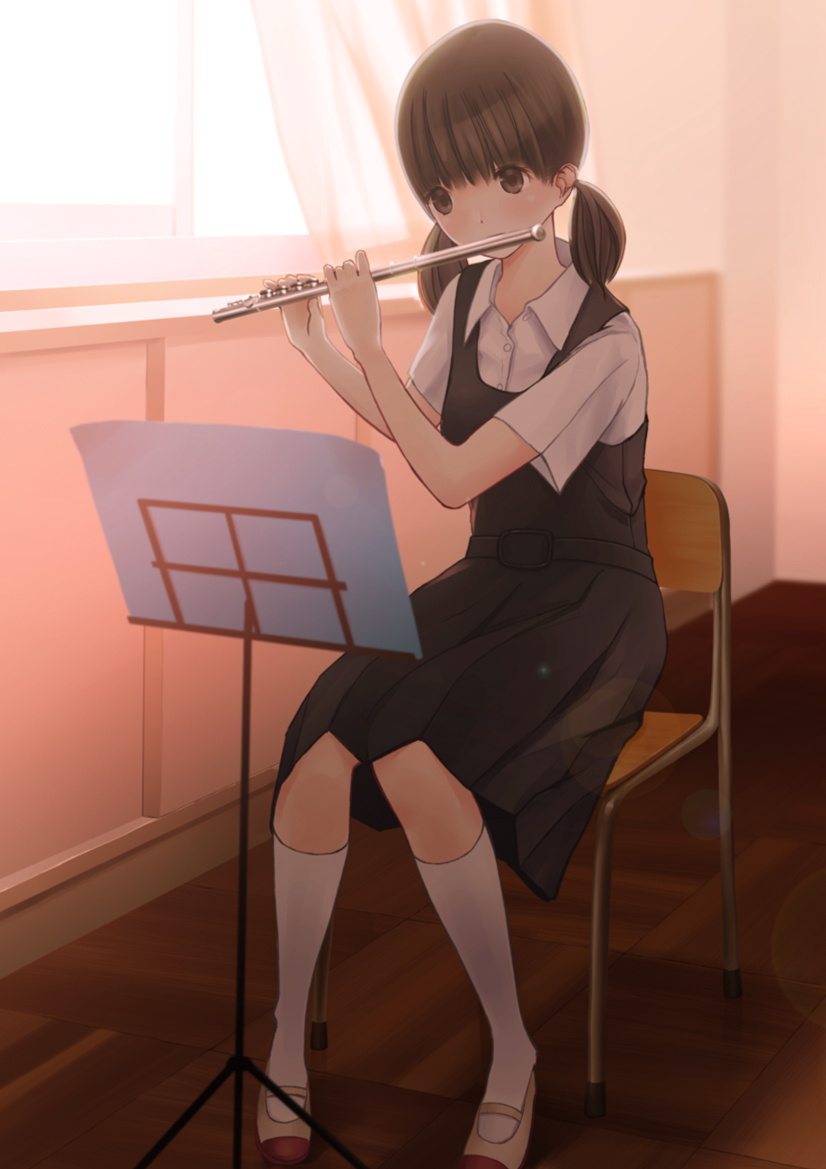 1girl bangs black_dress black_hair blouse blush brown_eyes chair chikuwa_(odennabe) curtains day dress flute indoors instrument kneehighs knees_together_feet_apart low_twintails music music_stand original pinafore_dress playing_instrument school_uniform shoes short_sleeves sitting solo twintails uwabaki white_blouse white_legwear window