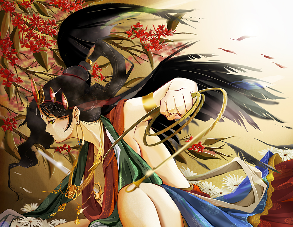 armlet black_feathers black_hair branch breasts clenched_hand earrings flower hair_tie jewelry knife long_hair looking_to_the_side mamiboo necklace original petals profile scarf sideboob solo tagme third_eye yellow_eyes