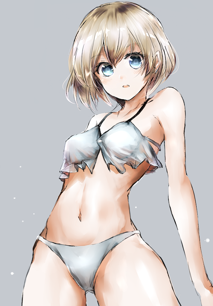 1girl abs bangs bikini blonde_hair blue_eyes blush bob_cut breasts commentary_request cowboy_shot eyebrows_visible_through_hair grey_background looking_at_viewer medium_breasts navel original parted_lips short_hair simple_background sketch solo swimsuit tareme tosk_(swav-coco) white_bikini