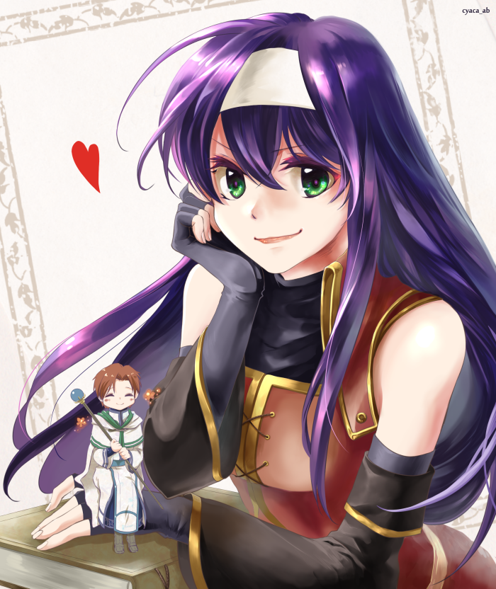 1boy 1girl artist_name bare_shoulders black_gloves book brown_hair chibi chin_rest cloak closed_eyes cyaca_ab dress elbow_gloves fingerless_gloves fire_emblem fire_emblem:_akatsuki_no_megami gloves green_eyes hair_between_eyes hairband heart lips long_hair looking_at_viewer purple_hair rhys robe short_hair sitting_on_hand smile staff turtleneck wayu_(fire_emblem)