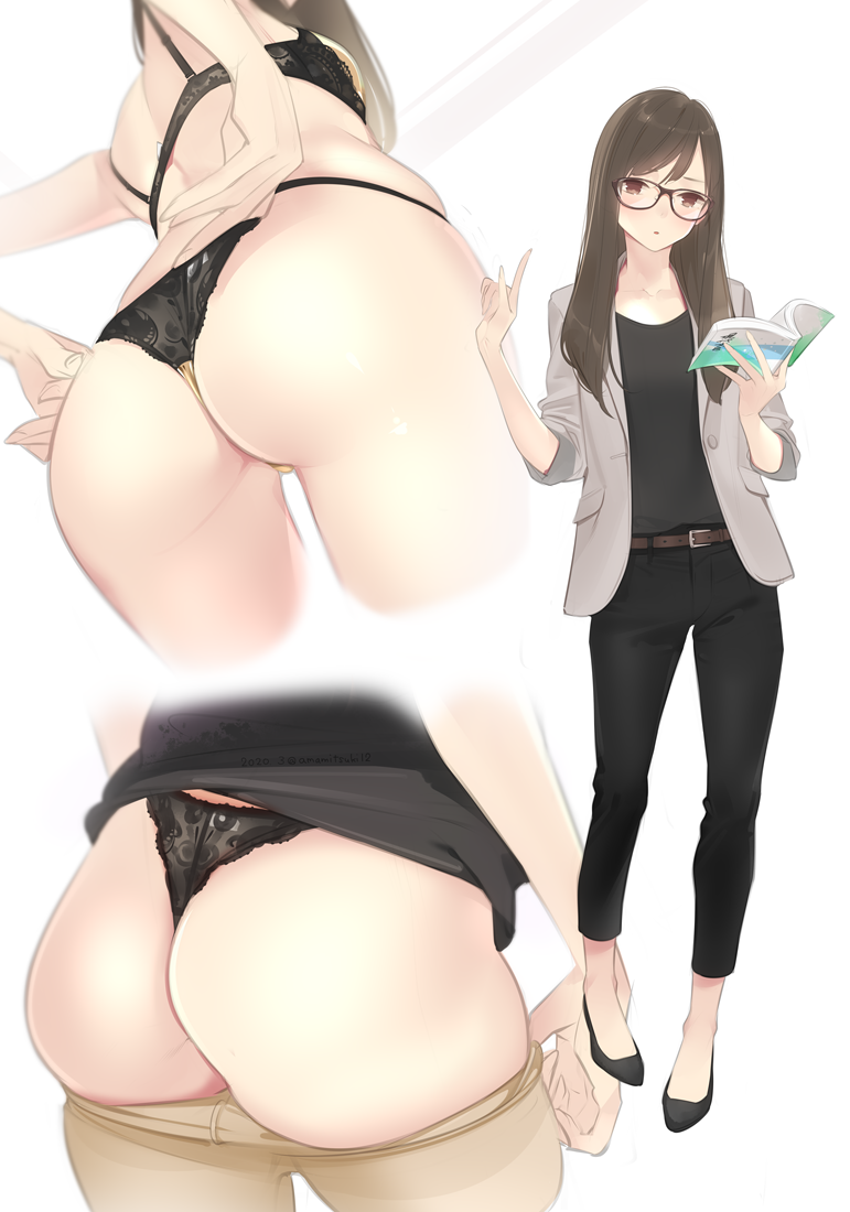 1girl adjusting_clothes adjusting_panties ama_mitsuki ass back bangs bare_arms bare_shoulders belt black_bra black_panties blush book bra breasts brown_eyes brown_hair collarbone commentary_request dressing eyebrows_visible_through_hair from_behind from_below full_body glasses holding holding_book lace lace-trimmed_bra lace-trimmed_panties long_hair long_sleeves looking_at_viewer multiple_views original panties parted_lips shoes simple_background skindentation standing thighs underwear underwear_only wedgie