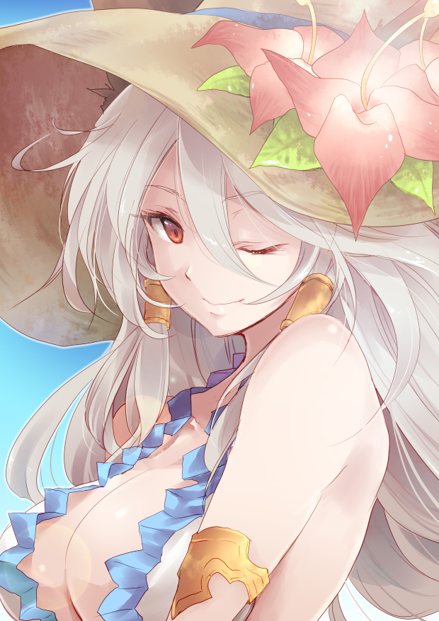 1girl animal_ears bare_shoulders bikini breasts cleavage flower granblue_fantasy hat hat_flower heles large_breasts long_hair one_eye_closed red_eyes silver_hair sky solo sun_hat swimsuit yue_(pixiv2547)