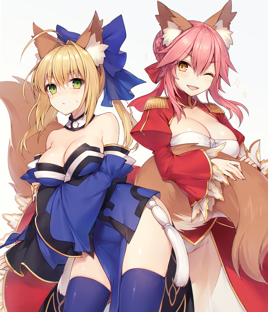 2girls :&lt; ;d ahoge alternate_hairstyle animal_ear_fluff animal_ears bare_shoulders blonde_hair blue_bow blue_kimono blue_legwear blush bow breast_hold breasts cleavage cleavage_cutout closed_mouth collar collarbone contrapposto cosplay costume_switch detached_collar detached_sleeves dress eyebrows_visible_through_hair fake_animal_ears fang fate/extra fate_(series) fox_ears fox_tail green_eyes hair_bow hair_bun hair_intakes hairstyle_switch holding_tail japanese_clothes juliet_sleeves kimono large_bow large_breasts leaning_to_the_side loincloth long_sleeves looking_at_viewer multiple_girls muryotaro nero_claudius_(fate) nero_claudius_(fate)_(all) nero_claudius_(fate)_(cosplay) one_eye_closed open_mouth panties pantyshot pantyshot_(standing) pink_hair ponytail puffy_sleeves red_dress sash see-through short_hair short_kimono sidelocks simple_background sleeves_past_wrists smile standing sweat tail tamamo_(fate)_(all) tamamo_no_mae_(fate) tamamo_no_mae_(fate)_(cosplay) thighhighs thighs twintails underwear v-shaped_eyebrows white_panties wide_sleeves yellow_eyes