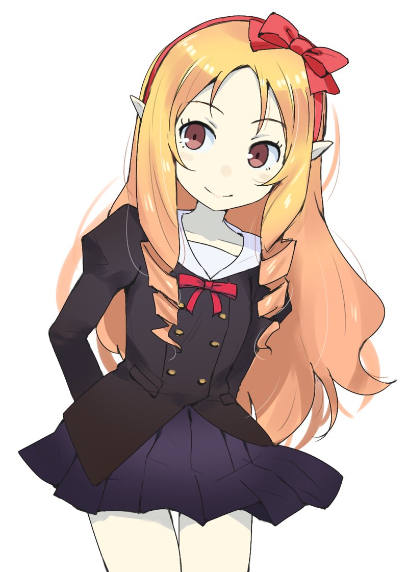 1girl arms_behind_back black_skirt blonde_hair brown_eyes closed_mouth drill_hair eromanga_sensei gedou_(ge_ge_gedou) hair_ribbon hairband long_hair looking_to_the_side pointy_ears red_hairband red_ribbon ribbon school_uniform simple_background skirt smile solo twin_drills white_background yamada_elf