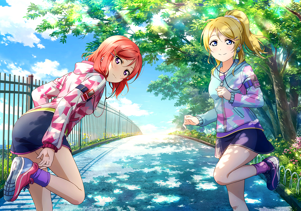 2girls ankle_socks artist_request ayase_eli blonde_hair blue_sky blush clouds collarbone day digital_media_player earphones eyebrows_visible_through_hair grass hair_ornament hairclip hood hoodie long_hair long_sleeves looking_at_viewer love_live! love_live!_school_idol_festival love_live!_school_idol_project multiple_girls nishikino_maki official_art outdoors redhead running scrunchie shoes short_hair skirt sky smile sneakers tree violet_eyes