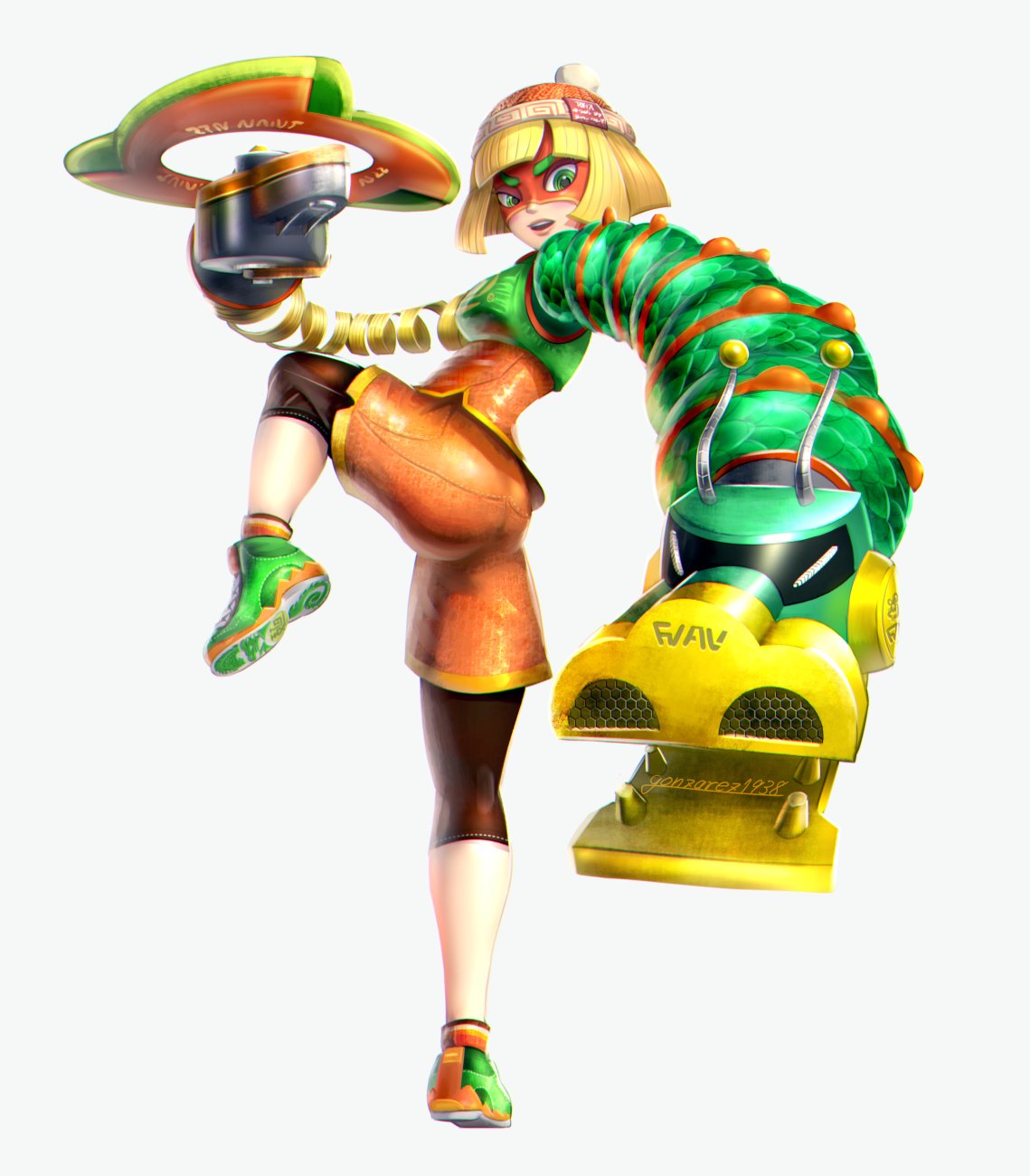 1girl arms_(game) ass bangs beanie bike_shorts blonde_hair chinese_clothes domino_mask dragon_(arms) facepaint food full_body gonzarez green_eyes hat highres leggings legwear_under_shorts looking_at_viewer mask min_min_(arms) noodles short_hair shorts solo white_background