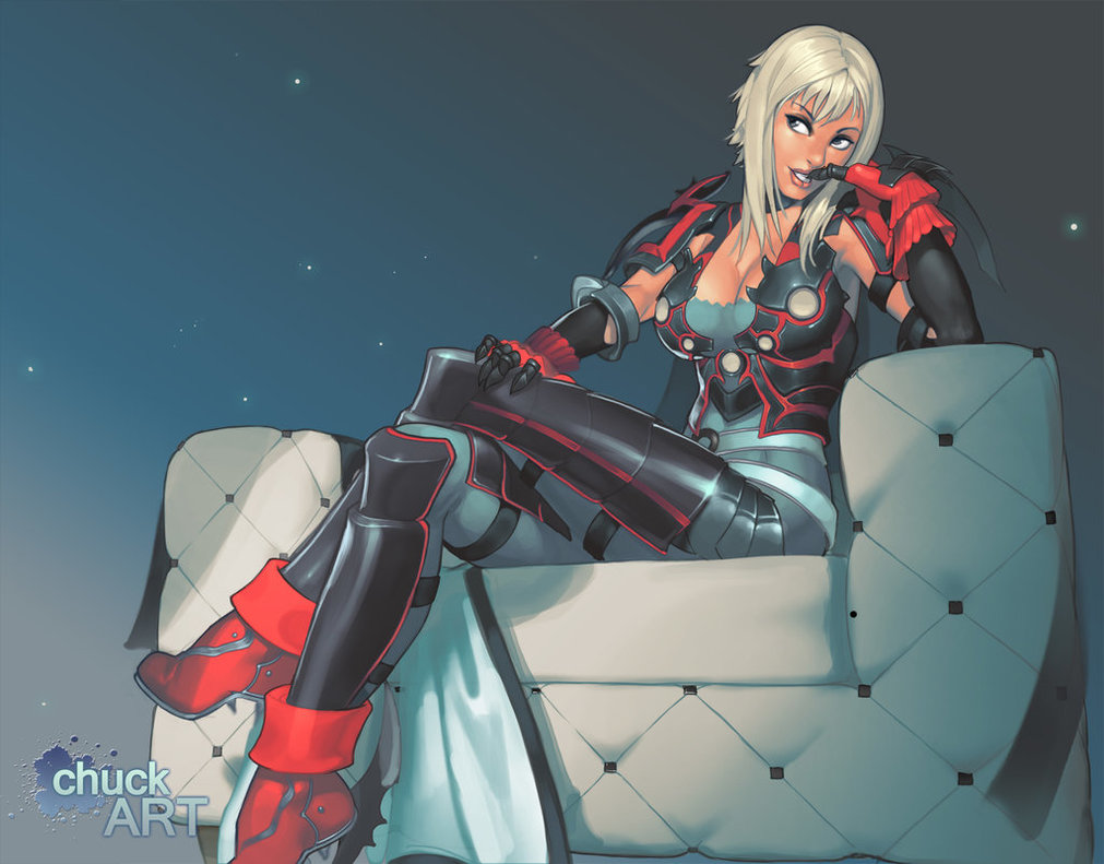 1girl aranea_highwind armor blonde_hair breasts chuck_pires cleavage couch final_fantasy final_fantasy_xv finger_to_mouth gloves high_heels legs_crossed sitting smile solo