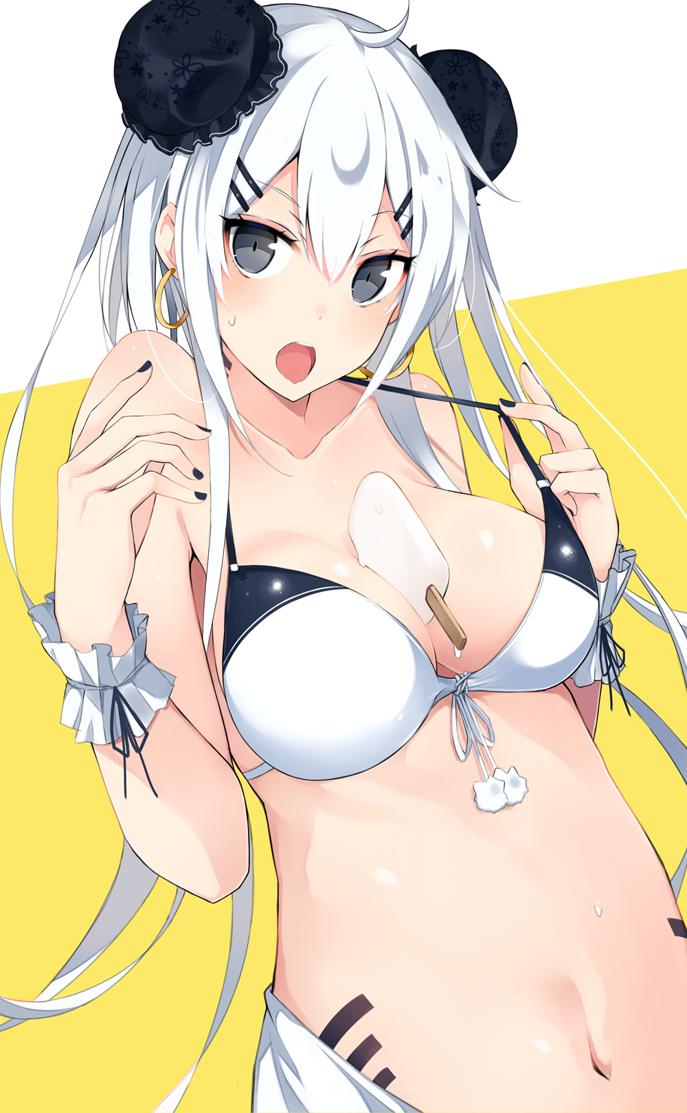 1girl :o ahoge bare_arms bare_shoulders between_breasts bikini_top black_eyes black_nails black_ribbon blush breasts bun_cover collarbone commentary_request double_bun earrings embarrassed food food_on_body front-tie_bikini front-tie_top hair_between_eyes hair_ornament hairclip highres hoop_earrings jewelry kurebayashi_noe long_hair looking_at_viewer medium_breasts melting nail_polish navel open_mouth original pom_pom_(clothes) popsicle pulled_by_self revision ribbon sarong solo stomach strap_pull sweat tsurime two-tone_background upper_body very_long_hair white_ribbon wrist_cuffs yellow_background