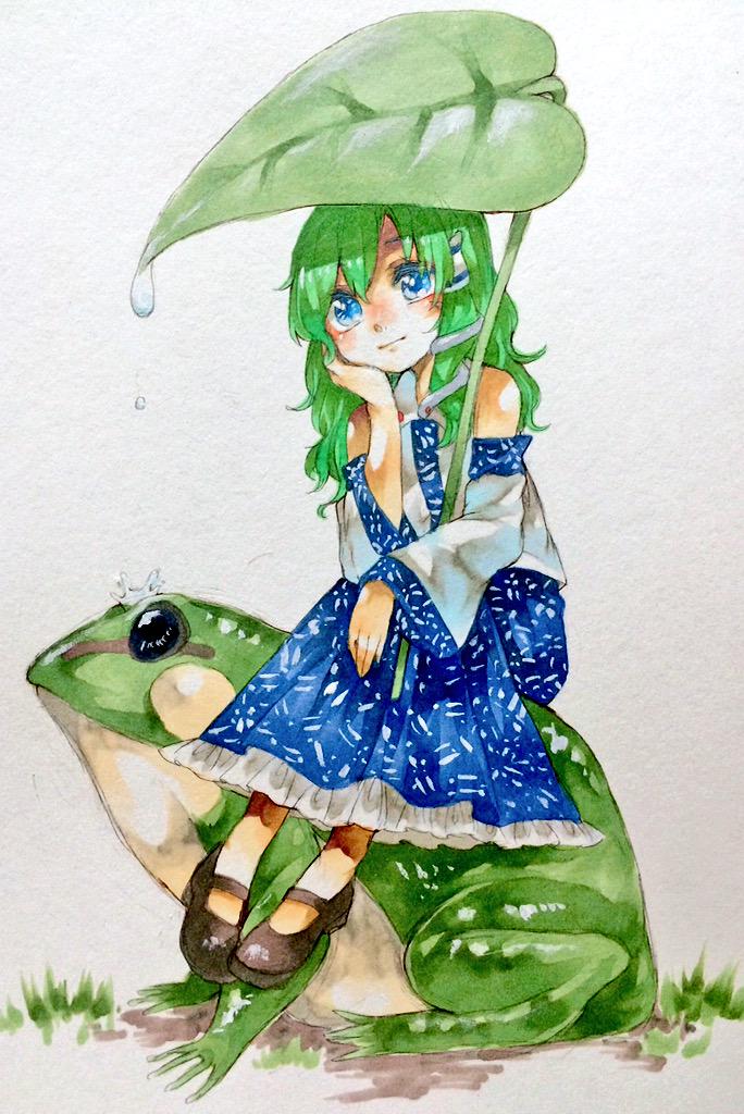 1girl after_rain animal bare_shoulders black_footwear black_shoes blue_eyes blue_skirt cacts_(pikasan) chin_rest closed_mouth detached_sleeves dripping eyelashes frilled_skirt frills frog grass green_hair grey_background hair_between_eyes hair_ornament holding holding_leaf japanese_clothes kochiya_sanae leaf leaf_umbrella long_hair long_skirt long_sleeves looking_at_viewer mary_janes nontraditional_miko outdoors shirt shoes sitting sitting_on_animal skirt smile snake_hair_ornament tareme touhou traditional_media white_shirt wide_sleeves