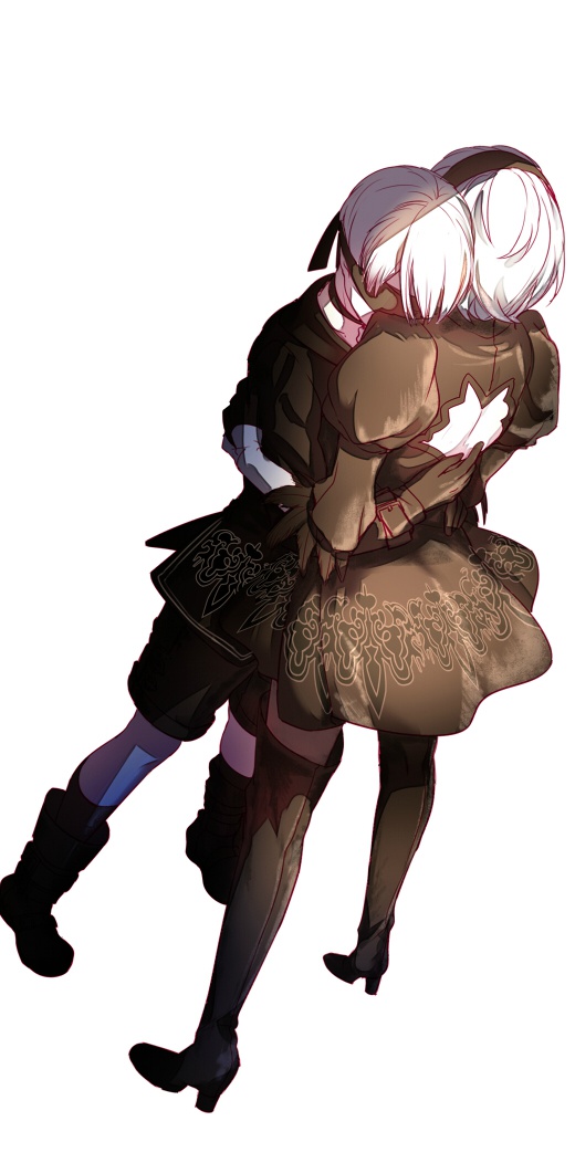1boy 1girl aki663 black_dress black_legwear blindfold boots commentary_request couple dress feather-trimmed_sleeves full_body gloves hairband hetero hug nier_(series) nier_automata short_hair simple_background standing thigh-highs thigh_boots white_background white_hair yorha_no._2_type_b yorha_no._9_type_s