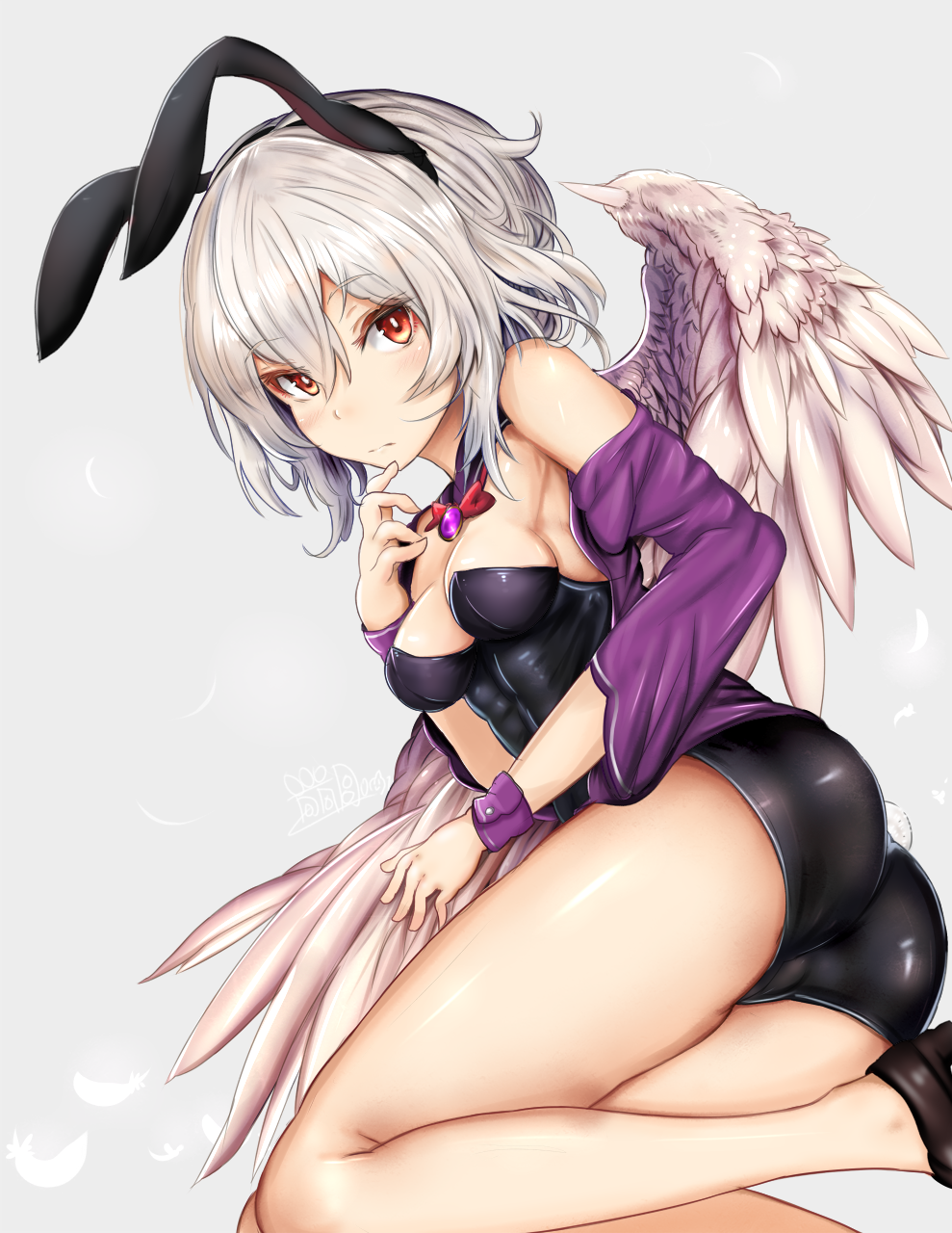 1girl animal_ears ass bare_shoulders black_shoes bow bowtie breasts brooch bunny_tail detached_collar expressionless fake_animal_ears feathered_wings highres houdukixx jacket jewelry kishin_sagume leotard looking_at_viewer medium_breasts rabbit_ears red_bow red_bowtie red_eyes shoes silver_hair simple_background single_wing solo tail touhou white_wings wings wrist_cuffs