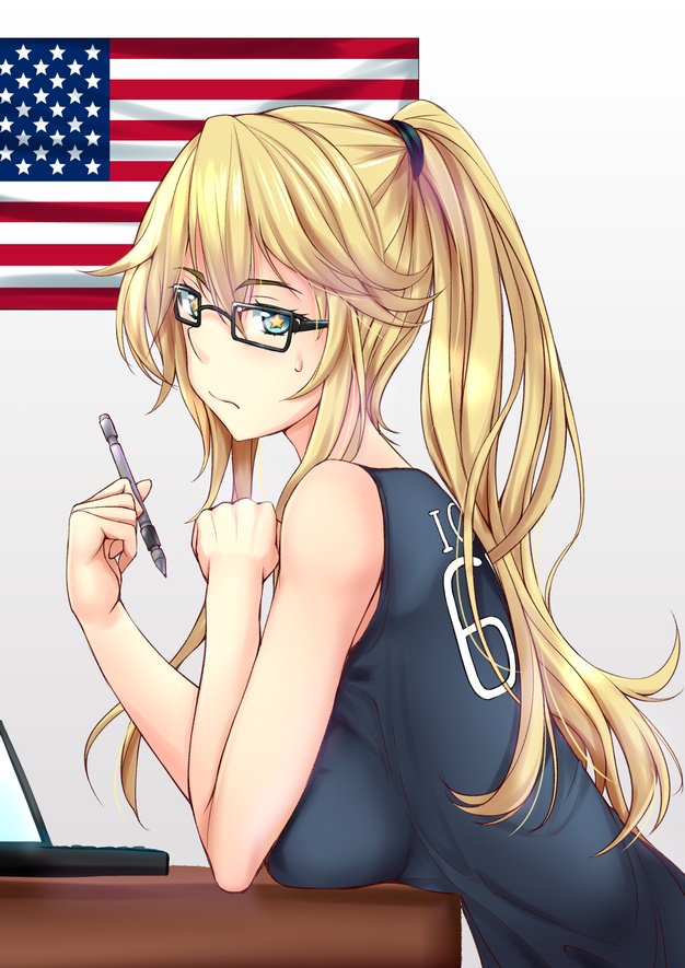 1girl alternate_costume alternate_hairstyle american_flag bangs bare_arms bare_shoulders basketball_uniform bespectacled black-framed_eyewear blonde_hair blue_eyes blush breast_rest breasts closed_mouth computer from_side glasses iowa_(kantai_collection) kantai_collection kuurunaitsu laptop large_breasts long_hair looking_at_viewer looking_to_the_side ponytail sidelocks solo sportswear star star-shaped_pupils stylus symbol-shaped_pupils upper_body