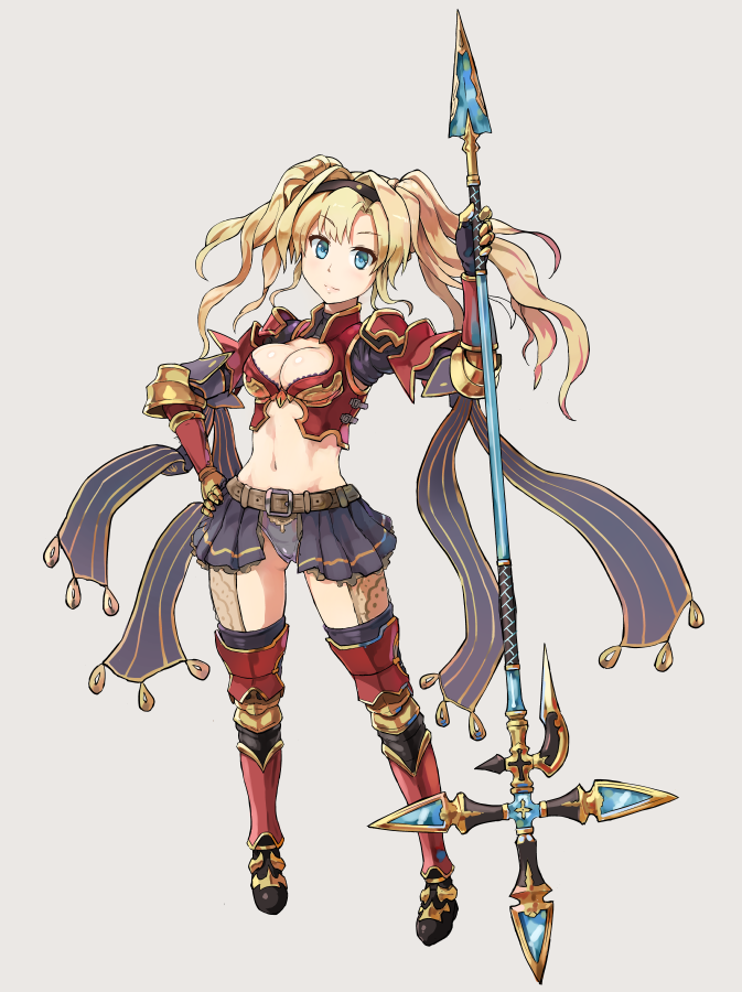 1girl belt blonde_hair blue_eyes breasts cleavage gloves granblue_fantasy greaves hairband large_breasts long_hair looking_at_viewer midriff navel pauldrons skirt solo thigh-highs twintails weapon yuugiri zeta_(granblue_fantasy)