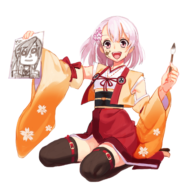 aizuwakamatsu_(oshiro_project) detached_sleeves drawing flower hair_flower hair_ornament japanese_clothes lavender_hair oshiro_project oshiro_project_re paint_splatter paintbrush short_hair takoyaki_neko-san thigh-highs white_background