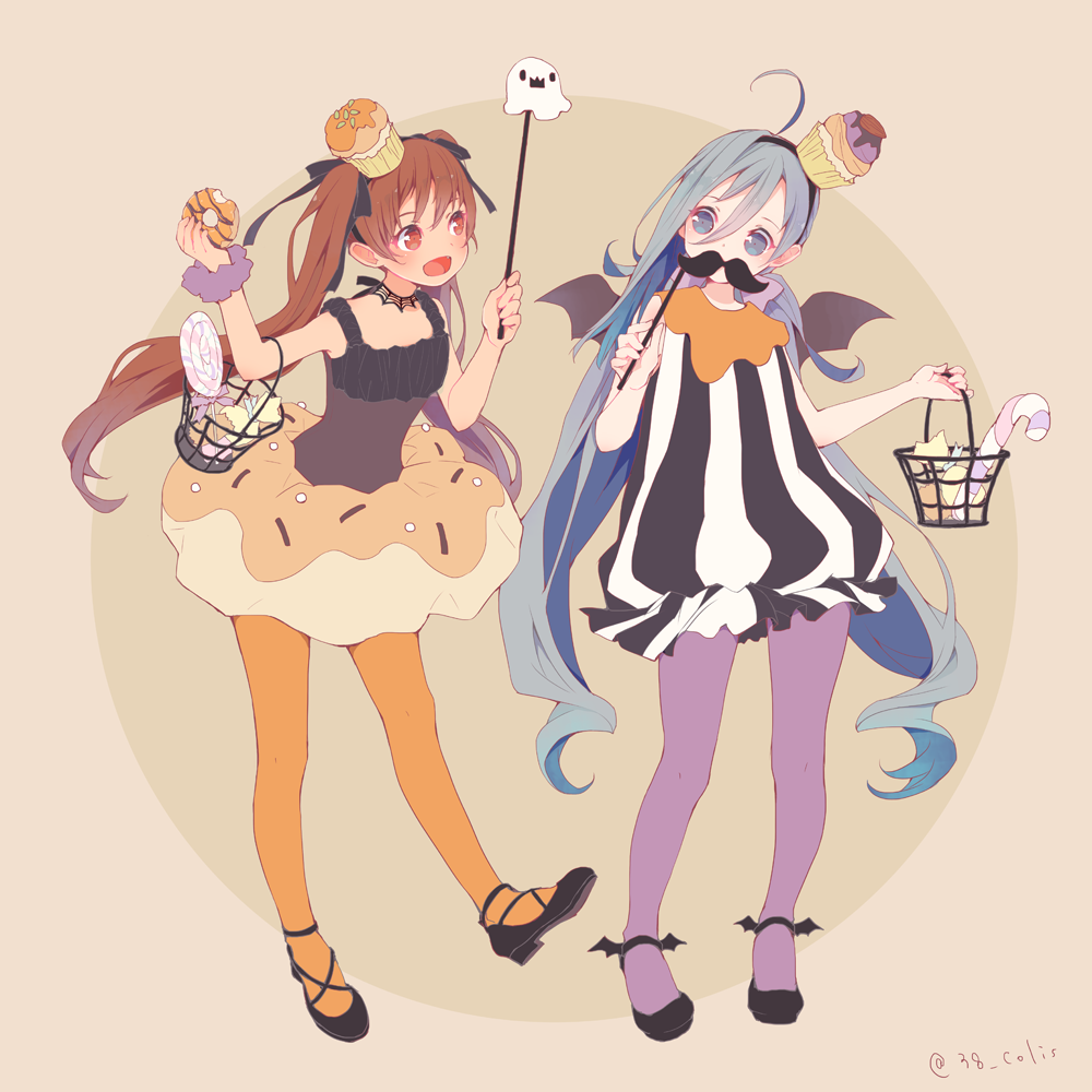 2girls :d ahoge ankle_wings basket bat_wings black_shoes blue_hair brown_background brown_eyes brown_hair candy candy_cane colis commentary_request cupcake doughnut dress fake_mustache food food_themed_clothes food_themed_hair_ornament grey_eyes grey_hair hair_between_eyes hair_ornament halloween halloween_costume kantai_collection kiyoshimo_(kantai_collection) libeccio_(kantai_collection) long_hair low_twintails multicolored_hair multiple_girls open_mouth orange_legwear pantyhose purple_legwear ribbon shoes simple_background sleeveless sleeveless_dress smile striped striped_dress twintails twitter_username wings