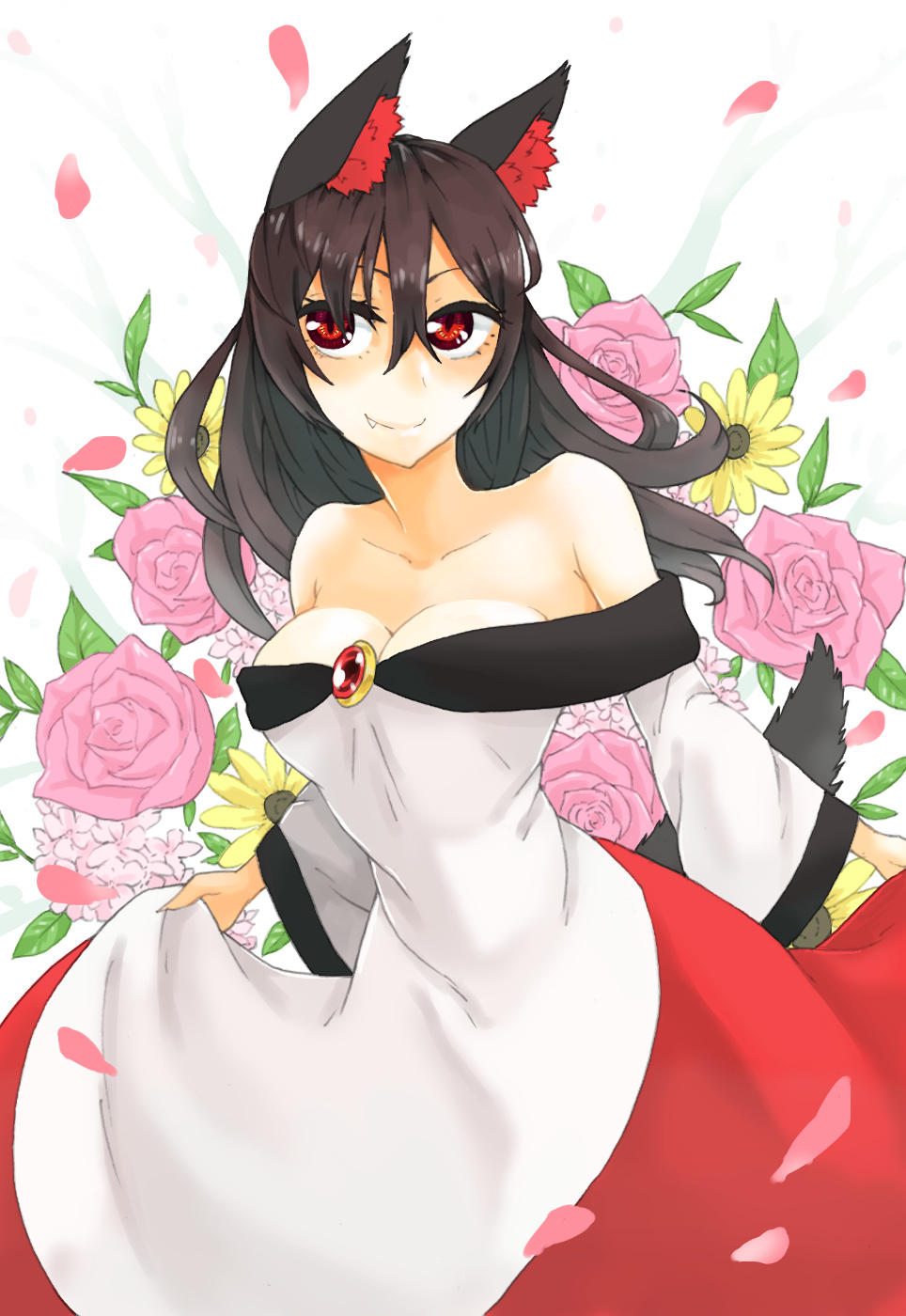 1girl animal_ears bare_shoulders blouse breasts brown_hair cleavage collarbone curtsey fang highres imaizumi_kagerou ke-su long_hair long_skirt medium_breasts off_shoulder red_eyes red_skirt skirt skirt_hold slit_pupils smile solo tail touhou white_blouse wolf_ears wolf_tail
