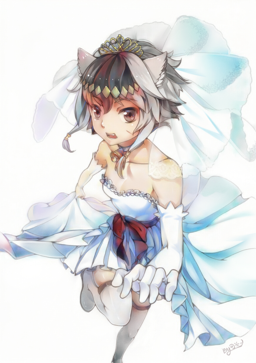 1girl bare_shoulders bell bell_collar brown_eyes collar collarbone dress grey_hair hair_ornament highres jackal_(zhan_jian_shao_nyu) kelang open_mouth outstretched_arm red_sash short_hair skirt_hold standing standing_on_one_leg strapless strapless_dress teeth wedding_dress white_background white_legwear zhan_jian_shao_nyu
