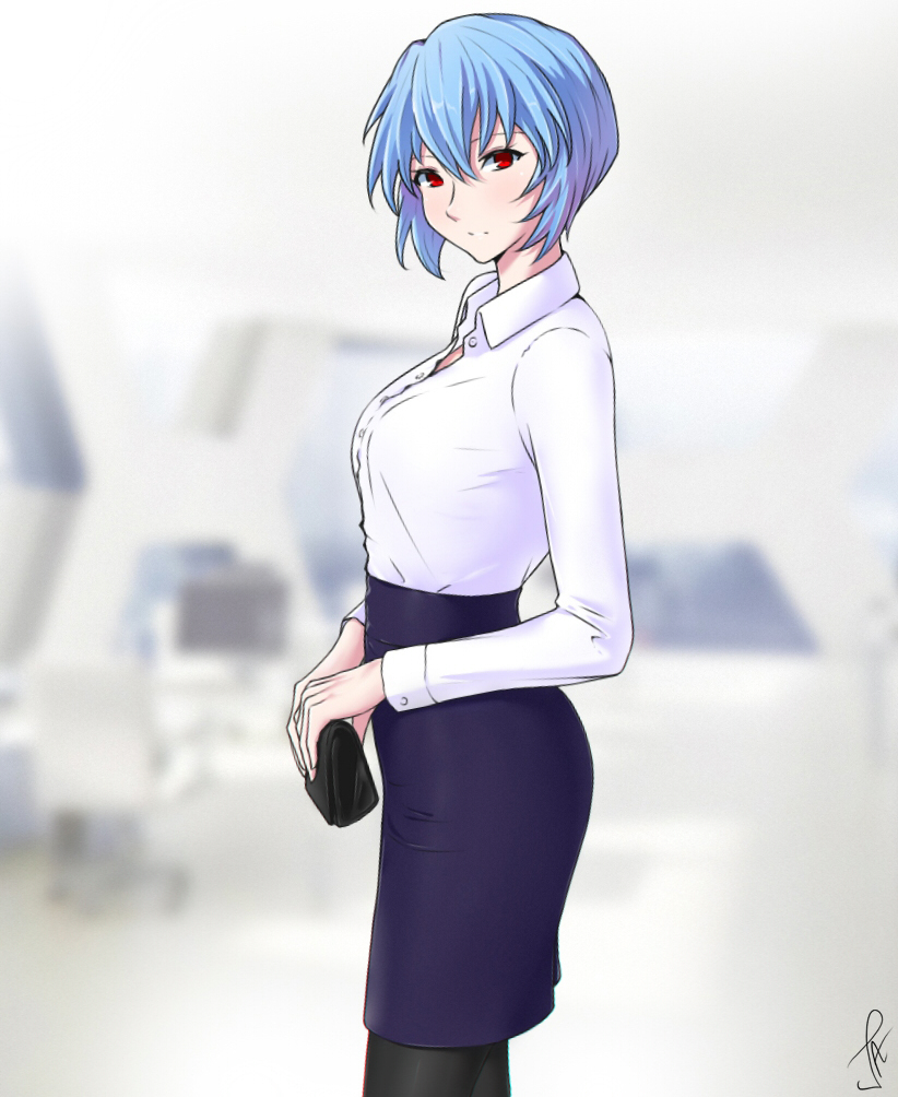 1girl ayanami_rei bag bangs black_legwear blue_skirt blurry blurry_background blush breasts casual collared_shirt commentary cowboy_shot dress_shirt fashion hair_between_eyes handbag holding_bag j_adsen light_smile long_sleeves looking_at_viewer looking_to_the_side medium_breasts medium_skirt neon_genesis_evangelion pantyhose pencil_skirt shirt short_hair signature skirt standing white_shirt wing_collar