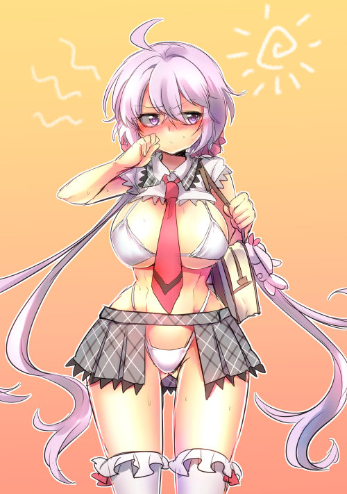 1girl adapted_costume ahoge bag bikini blush breasts cleavage commentary_request gluteal_fold gradient gradient_background kouji_(kari) large_breasts long_hair looking_to_the_side necktie pleated_skirt revealing_clothes school_bag school_uniform senki_zesshou_symphogear showgirl_skirt silver_hair sketch skirt solo standing stuffed_toy sweat swimsuit thigh-highs thong_bikini twintails very_long_hair violet_eyes yukine_chris