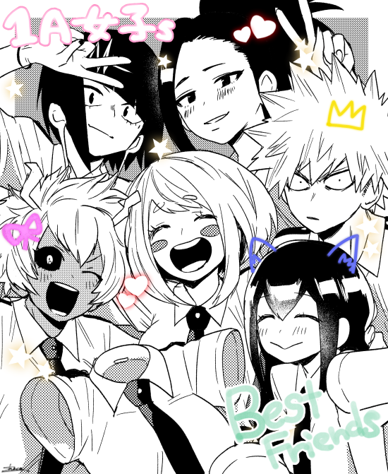 1boy 6+girls ;d ^_^ animal_ears ashido_mina asui_tsuyu bakugou_katsuki blush blush_stickers boku_no_hero_academia cat_ears closed_eyes greyscale hagakure_tooru heart invisible jirou_kyouka looking_at_viewer monochrome multiple_girls necktie one_eye_closed open_mouth photobomb ribbon school_uniform shoco_(sco_labo) short_sleeves smile text uraraka_ochako v wide-eyed yaoyorozu_momo