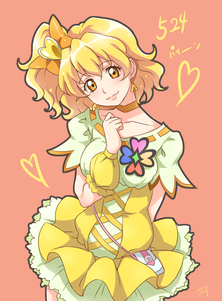 1girl arm_behind_back blonde_hair bow character_name chocokin closed_mouth cowboy_shot cure_pine earrings fresh_precure! hair_bow hair_ornament head_tilt heart heart_earrings heart_hair_ornament jewelry looking_at_viewer magical_girl orange_bow orange_choker orange_eyes pink_background precure short_hair side_ponytail skirt smile solo wrist_cuffs yamabuki_inori yellow_skirt