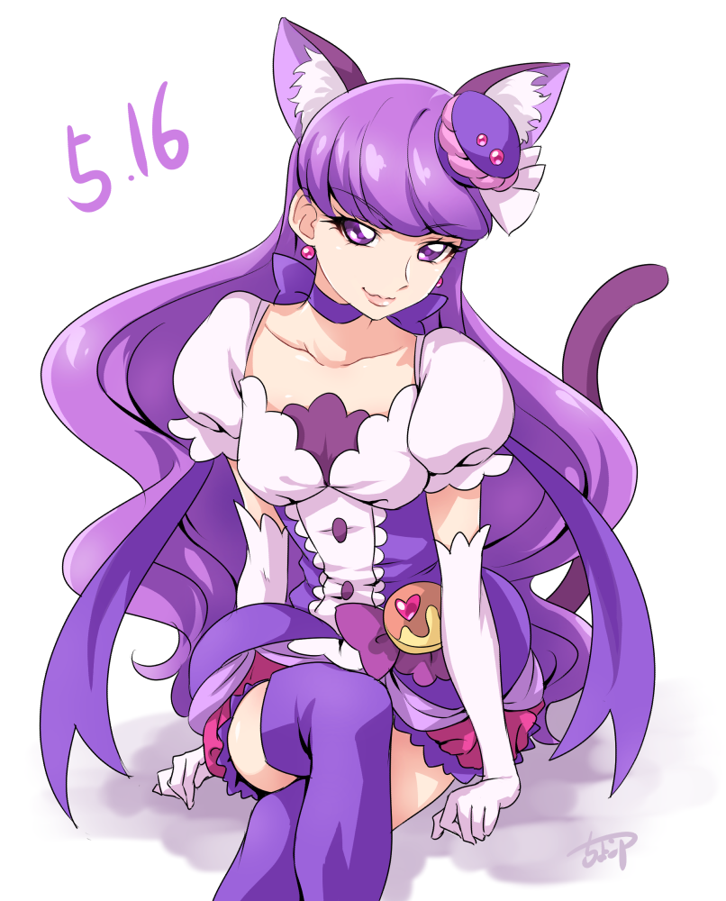 1girl animal_ears cat_ears cat_tail chocokin choker closed_mouth collarbone cropped_legs cure_macaron earrings elbow_gloves extra_ears food_themed_hair_ornament gloves hair_ornament jewelry kirakira_precure_a_la_mode kotozume_yukari layered_skirt legs_crossed long_hair looking_at_viewer macaron_hair_ornament magical_girl precure puffy_sleeves purple_choker purple_hair purple_legwear ribbon_choker sitting smile solo tail thigh-highs violet_eyes white_background white_gloves