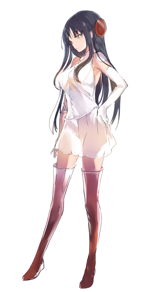 1girl bangs black_hair boots breasts elbow_gloves full_body gloves halter_top halterneck hand_on_hip large_breasts legs_apart long_hair looking_to_the_side lpip original see-through_silhouette sidelocks simple_background single_elbow_glove single_glove skirt solo standing thigh-highs thigh_boots white_background white_skirt yellow_eyes