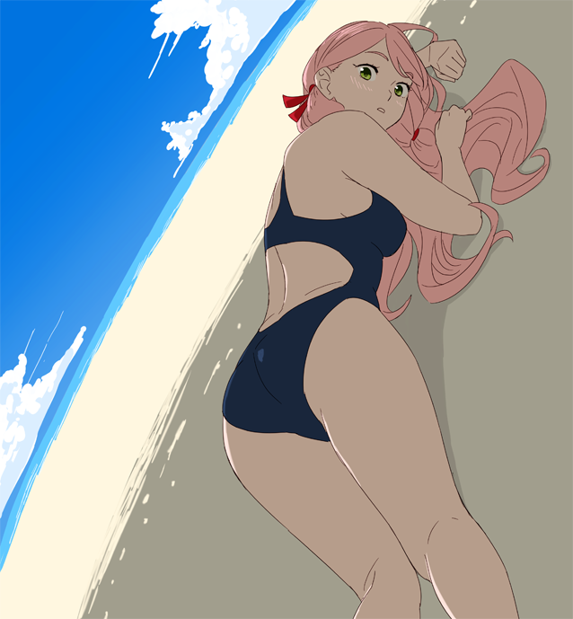 1girl akashi_(kantai_collection) ass back_cutout beach blue_swimsuit from_behind green_eyes hair_ribbon kantai_collection long_hair looking_at_viewer looking_back ocean ojipon one-piece_swimsuit outdoors pink_hair ribbon sand solo swimsuit tress_ribbon twintails