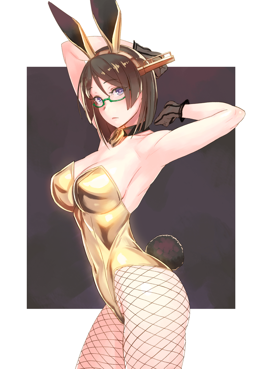 1girl animal_ears armpits arms_up black_gloves black_hair bow bowtie breasts bunny_girl bunny_tail bunnysuit cleavage closed_mouth contrapposto covered_navel cowboy_shot detached_collar fake_animal_ears fishnet_pantyhose fishnets from_side glasses gloves green-framed_eyewear hairband highres kantai_collection kirishima_(kantai_collection) large_breasts leotard looking_at_viewer pantyhose rabbit_ears remodel_(kantai_collection) semi-rimless_glasses short_hair simple_background solo tail under-rim_glasses violet_eyes yuuji_(and)