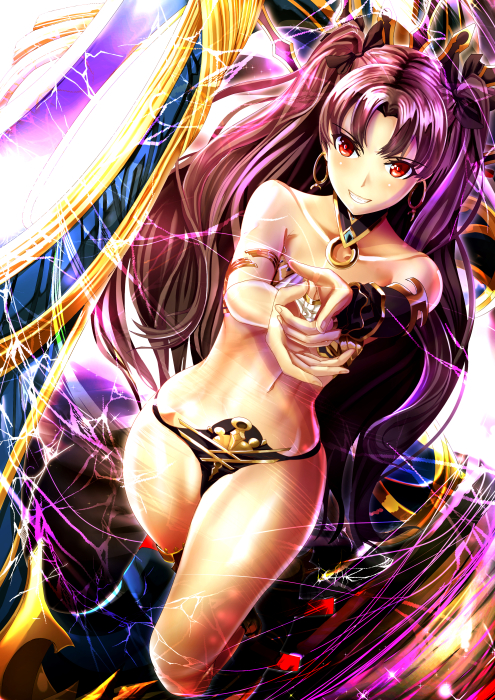 1girl arm armlet artist_request asymmetrical_legwear asymmetrical_sleeves bangs bare_arms bare_legs bare_shoulders black_detached_sleeves black_hair black_panties black_ribbon blush clenched_teeth collar collarbone crown detached_sleeves earrings fate/grand_order fate_(series) female grin hair_ribbon hands highres hoop_earrings ishtar_(fate/grand_order) jewelry legs lightning long_hair looking_at_viewer midriff navel outstretched_arms panties parted_bangs pointing pointing_at_viewer purple_hair red_eyes red_ribbon revealing_clothes ribbon shiny shiny_hair single_sleeve single_thighhigh smile solo strapless teeth thigh-highs tohsaka_rin two_side_up type-moon underwear very_long_hair