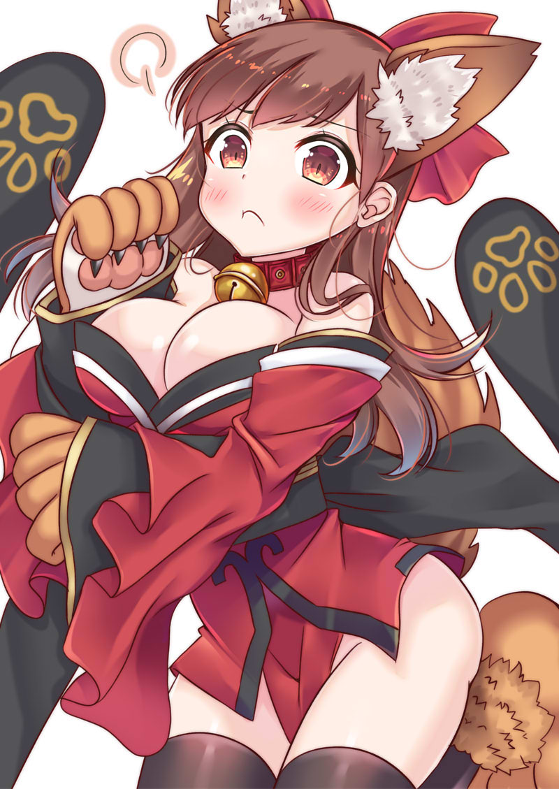 1girl alternate_costume animal_ears bell bell_collar black_legwear breasts brown_eyes brown_hair cleavage collar cosplay fate/grand_order fate_(series) fox_ears japanese_clothes jingle_bell kantai_collection kimono ko_yu large_breasts long_hair long_sleeves obi ooi_(kantai_collection) pout sash simple_background solo tail tamamo_(fate)_(all) tamamo_cat_(fate) tamamo_cat_(fate)_(cosplay) thigh-highs white_background