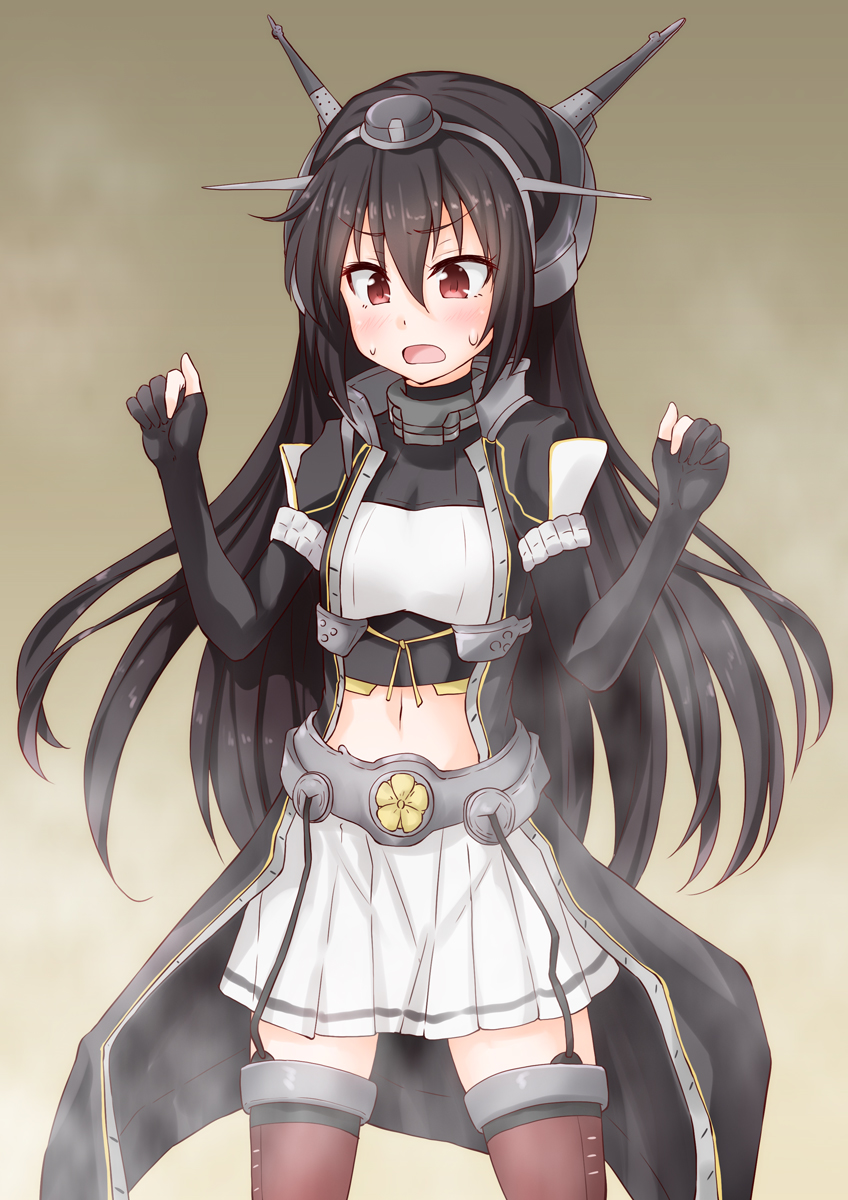 1girl alternate_breast_size anti_(untea9) black_gloves black_hair blush collar commentary_request elbow_gloves embarrassed fingerless_gloves garter_straps gloves headgear highres jacket kantai_collection long_hair metal_belt midriff nagato_(kantai_collection) navel open_clothes open_jacket open_mouth pleated_skirt red_eyes red_legwear remodel_(kantai_collection) skirt solo white_skirt younger