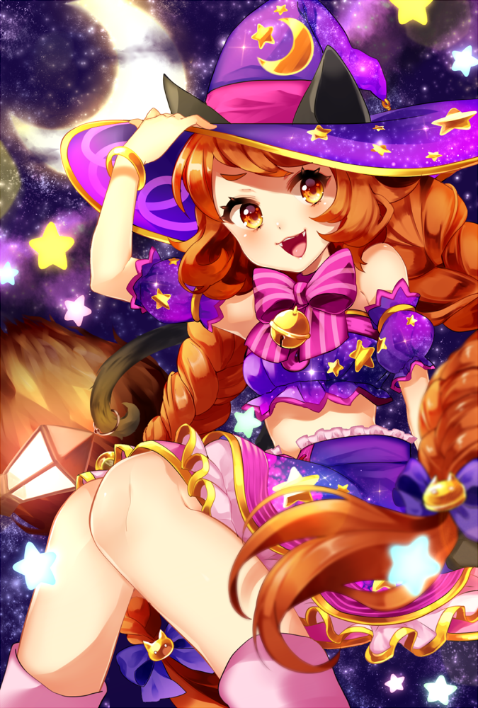 1girl :d animal_ears bell bow bracelet braid brown_hair cat_ears cat_tail cropped_legs envy_(otoca_d'or) frills hair_bow hat jewelry jingle_bell lantern long_hair looking_at_viewer matatabi_dango moon_print open_mouth otoca_d'or pink_bow purple_bow purple_skirt skirt smile solo star star_print striped striped_bow tail twin_braids witch_hat yellow_eyes