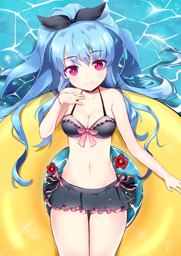 1girl bare_shoulders bikini bikini_skirt blue_hair bow breasts cleavage collarbone frilled_bikini frills from_above hair_bow hand_on_own_chest linus_falco long_hair looking_at_viewer lying mechuragi medium_breasts navel on_back partially_submerged pink_eyes smile solo swimsuit sword_girls thigh_gap water water_surface