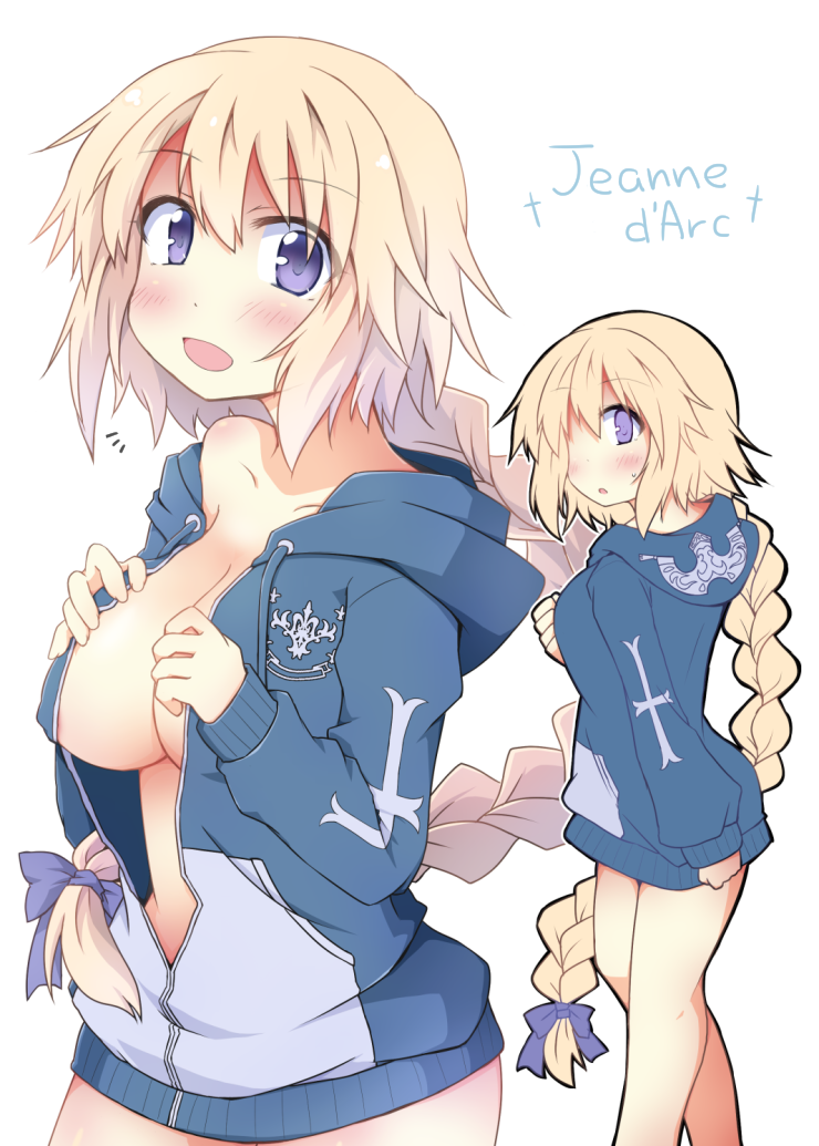 1girl blonde_hair blue_eyes blush braid breasts cleavage collarbone english eyebrows_visible_through_hair fate/apocrypha fate_(series) headpiece hood hoodie large_breasts long_hair looking_at_viewer naked_hoodie open_clothes open_mouth purple_ribbon ribbon ruler_(fate/apocrypha) simple_background single_braid smile solo very_long_hair white_background yuuhi_alpha