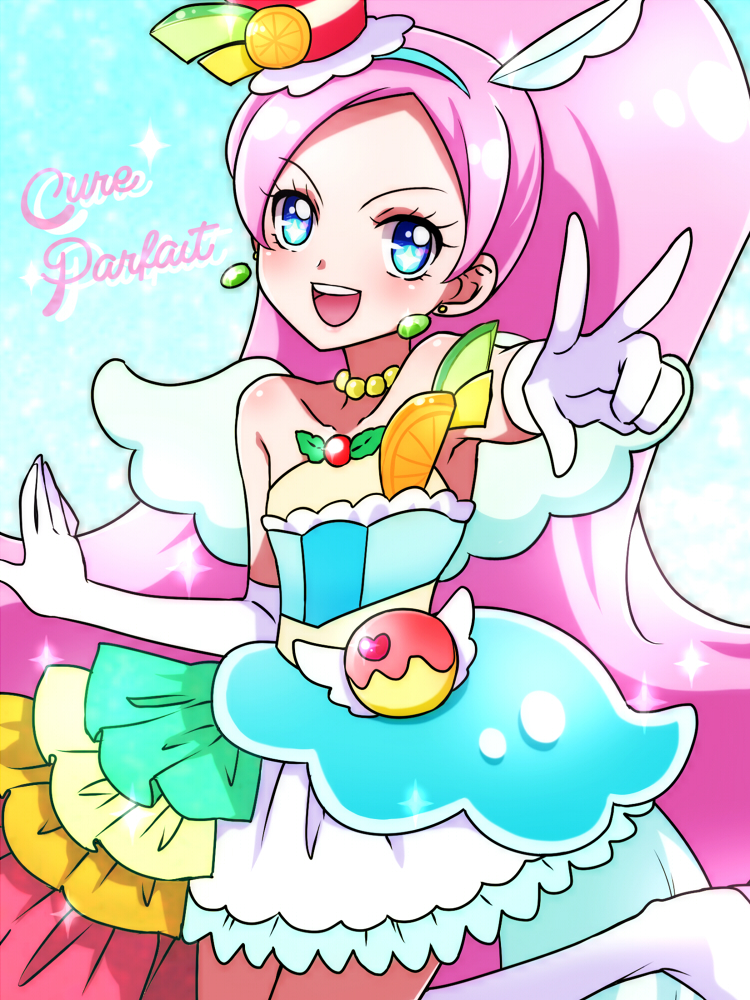 1girl :d blue_background blue_eyes blue_hairband blue_skirt boots character_name cure_parfait earrings food food_themed_hair_ornament fruit gloves hair_ornament hairband jewelry kagami_chihiro kirakira_precure_a_la_mode layered_skirt long_hair looking_at_viewer magical_girl open_mouth orange orange_slice pink_hair precure rainbow_order skirt smile solo sparkle spoilers standing standing_on_one_leg v white_boots white_gloves wide_ponytail