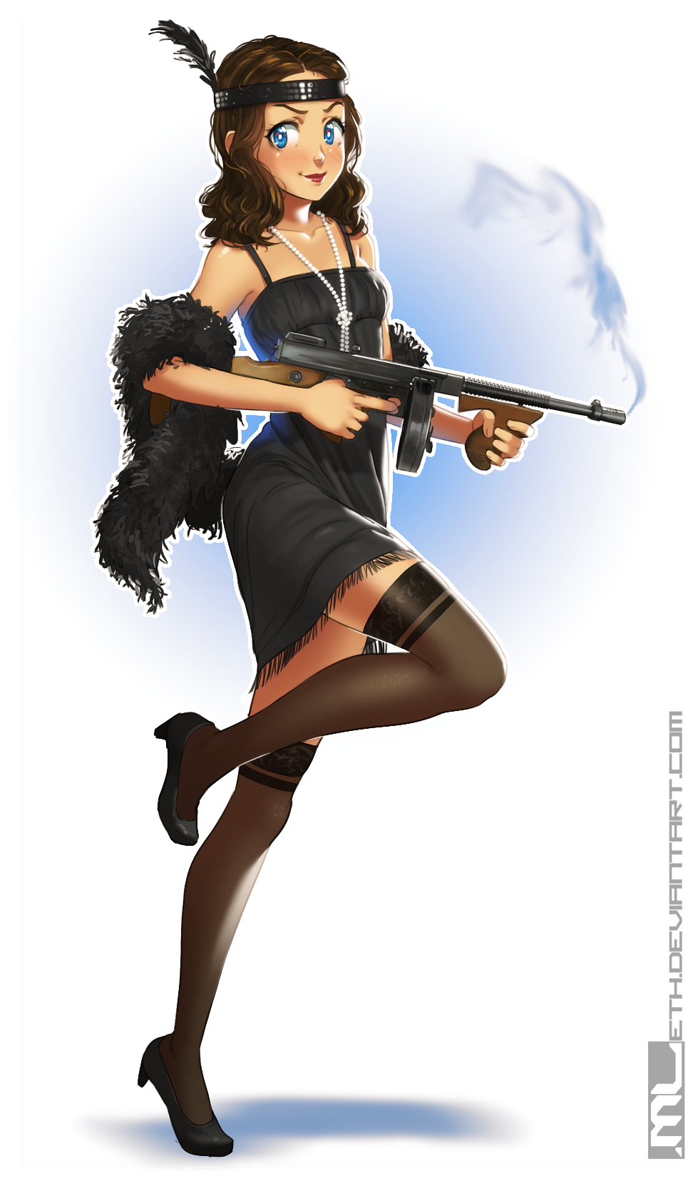 1girl 20s artist_name black_dress black_feathers black_headband black_legwear black_shoes blue_eyes blush brooke_(mleth) brown_hair demon_tail dress drum_magazine feathers flapper_dress gangster gun hair_feathers headband high_heels highres holding holding_gun holding_weapon jewelry leg_up lips long_hair looking_past_viewer looking_to_the_side mleth necklace no_bangs original pearl_necklace red_lips shoes smile smoke solo standing standing_on_one_leg submachine_gun tail thigh-highs thompson_submachine_gun watermark weapon web_address