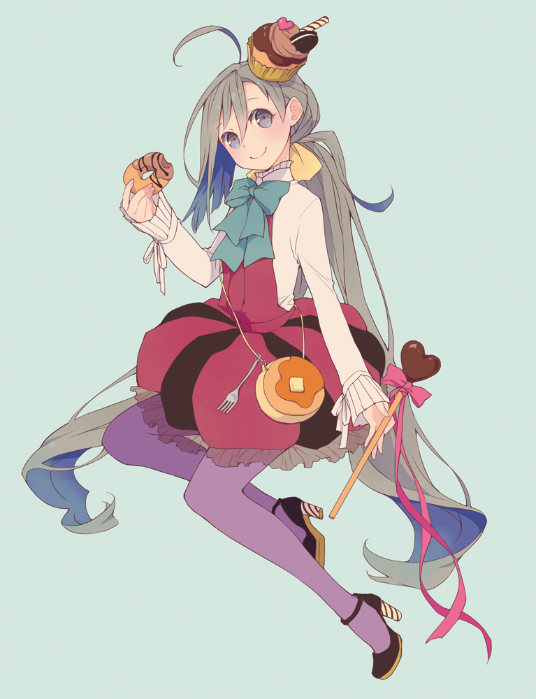 1girl ahoge black_shoes blue_background blue_bow blue_bowtie blue_hair bow bowtie chocolate chocolate_heart colis commentary_request cupcake doughnut dress food fork grey_eyes grey_hair heart high_heels holding holding_food kantai_collection kiyoshimo_(kantai_collection) long_hair long_sleeves low_twintails multicolored_hair pancake pantyhose purple_dress purple_legwear shirt shoes simple_background sleeveless sleeveless_dress smile solo twintails twitter_username very_long_hair white_shirt