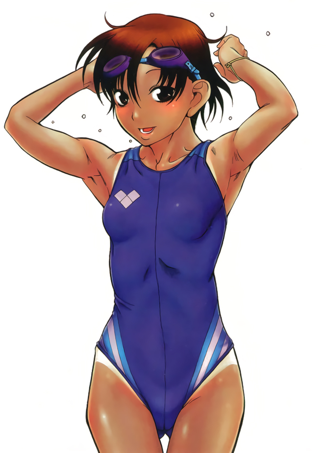 1girl amazume_ryuuta armpits black_eyes blue_swimsuit brown_hair competition_swimsuit cowboy_shot dark_skin gluteal_fold goggles goggles_on_head looking_at_viewer nana_to_kaoru official_art one-piece_swimsuit short_hair simple_background solo swimsuit tachi_ryouko tan tanline white_background