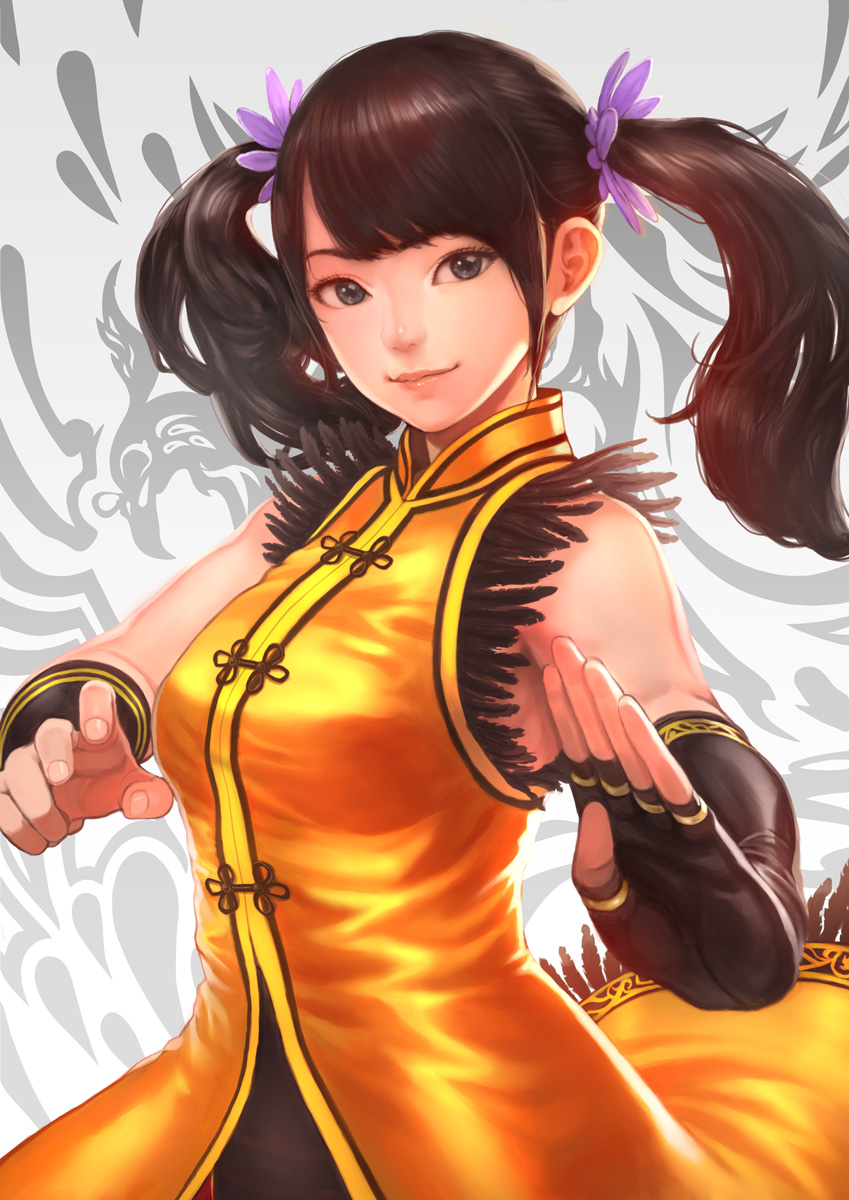 1girl arm_guards armpit_peek bangs bare_shoulders black_gloves blue_eyes breasts brown_hair chinese_clothes closed_mouth commentary elbow_gloves feather_trim fighting_stance fingerless_gloves fingernails flower foreshortening gloves hair_flower hair_ornament highres ling_xiaoyu long_hair looking_at_viewer medium_breasts palms rungsak_sontayanont single_elbow_glove sleeveless smile solo swept_bangs tekken tekken_7 twintails two-tone_background upper_body