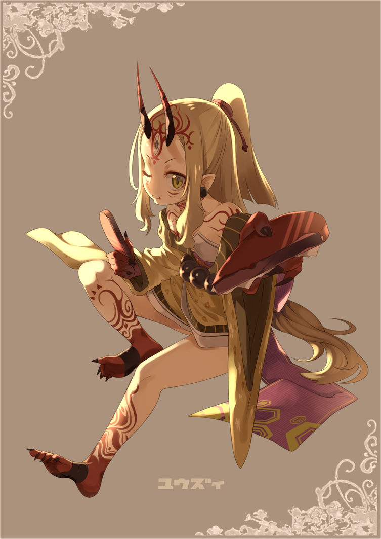 1girl barefoot blonde_hair chocolate claws commentary earrings facial_mark fate/grand_order fate_(series) fingernails horns ibaraki_douji_(fate/grand_order) japanese_clothes jewelry kimono long_fingernails long_hair looking_at_viewer one_eye_closed oni oni_horns pointy_ears ponytail sharp_fingernails sharp_toenails sidelocks simple_background solo tattoo toenails yellow_eyes yuuzii
